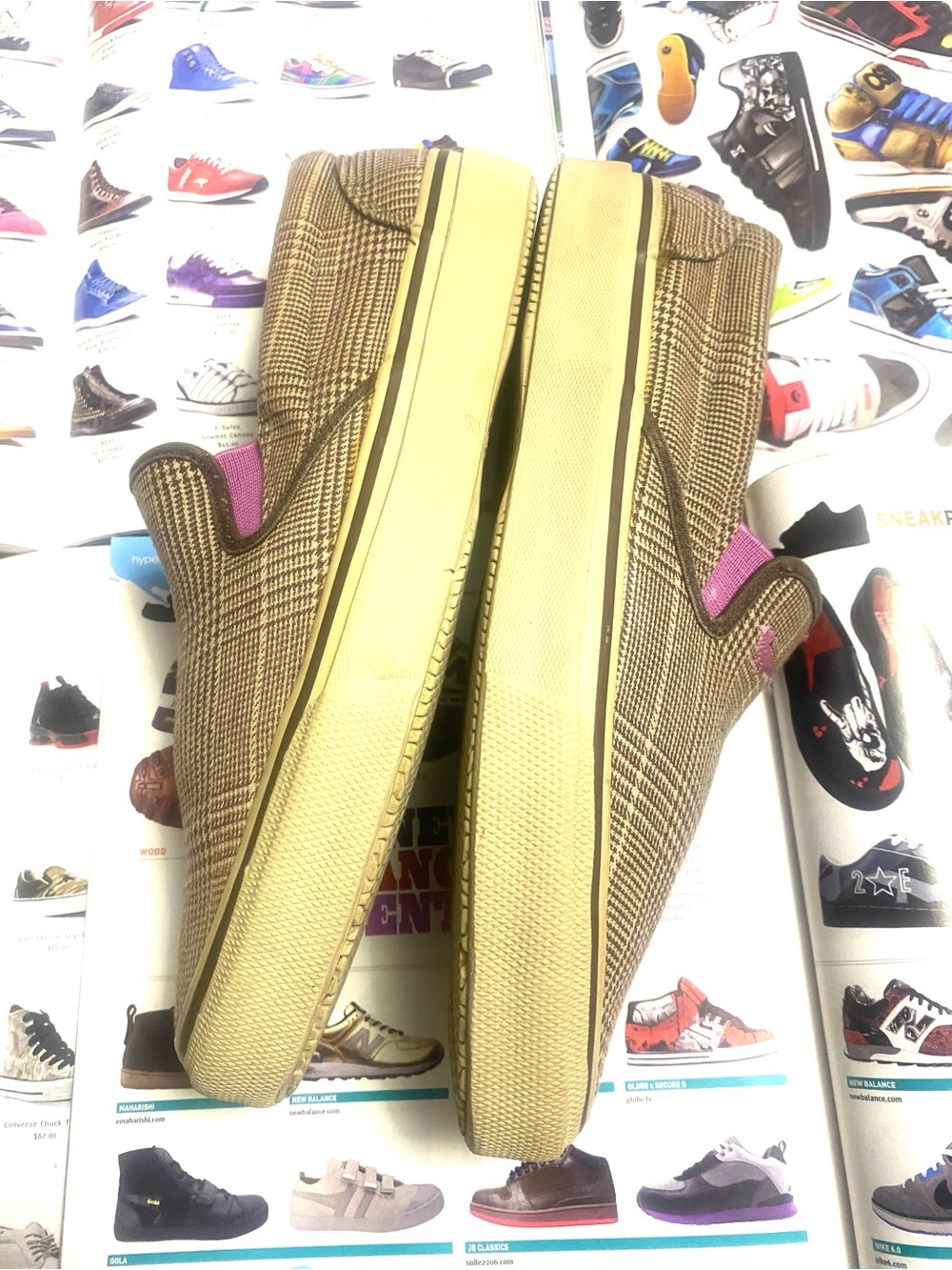 Vintage 90s Sperry Brown Plaid Slip-On Sneakers with Pink Accents.